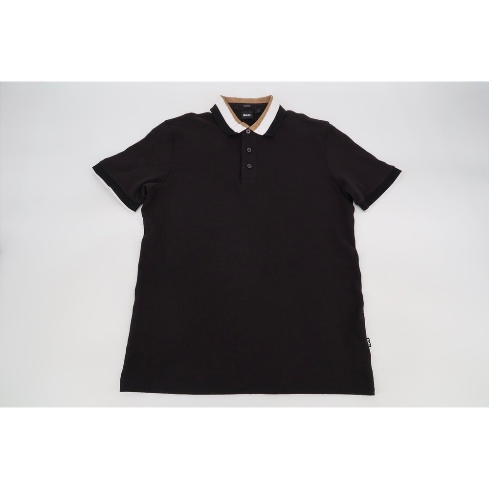 Hugo Boss Prout Polo Shirt Mens Medium Black Tan Striped Pique Contrast Collar - Picture 2 of 13
